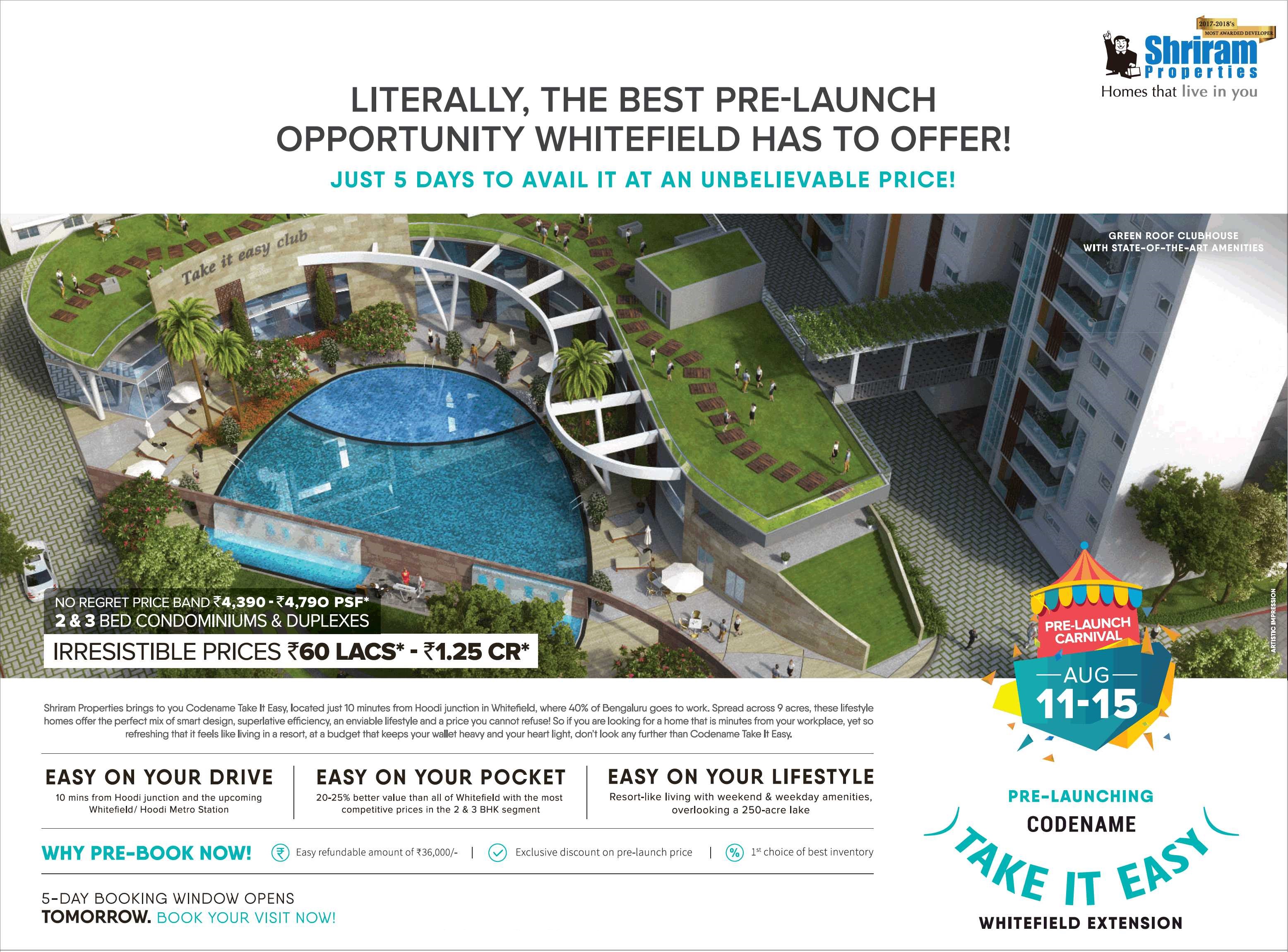 Book 2 & 3 bed condominiums & duplexes at Shriram Codename Take It Easy in Bangalore